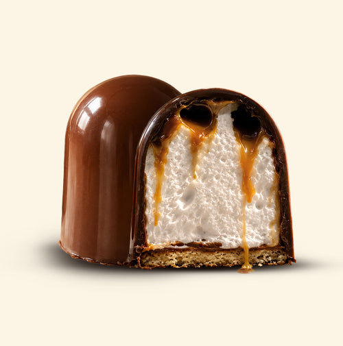 Dubai Kiss - Mocha flødebolle cut in half showing marshmallow with mocha caramel drizzle