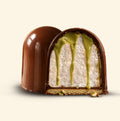 Dubai Kiss - Pistachio flødebolle cut in half showing marshmallow with pistachio cream drizzle